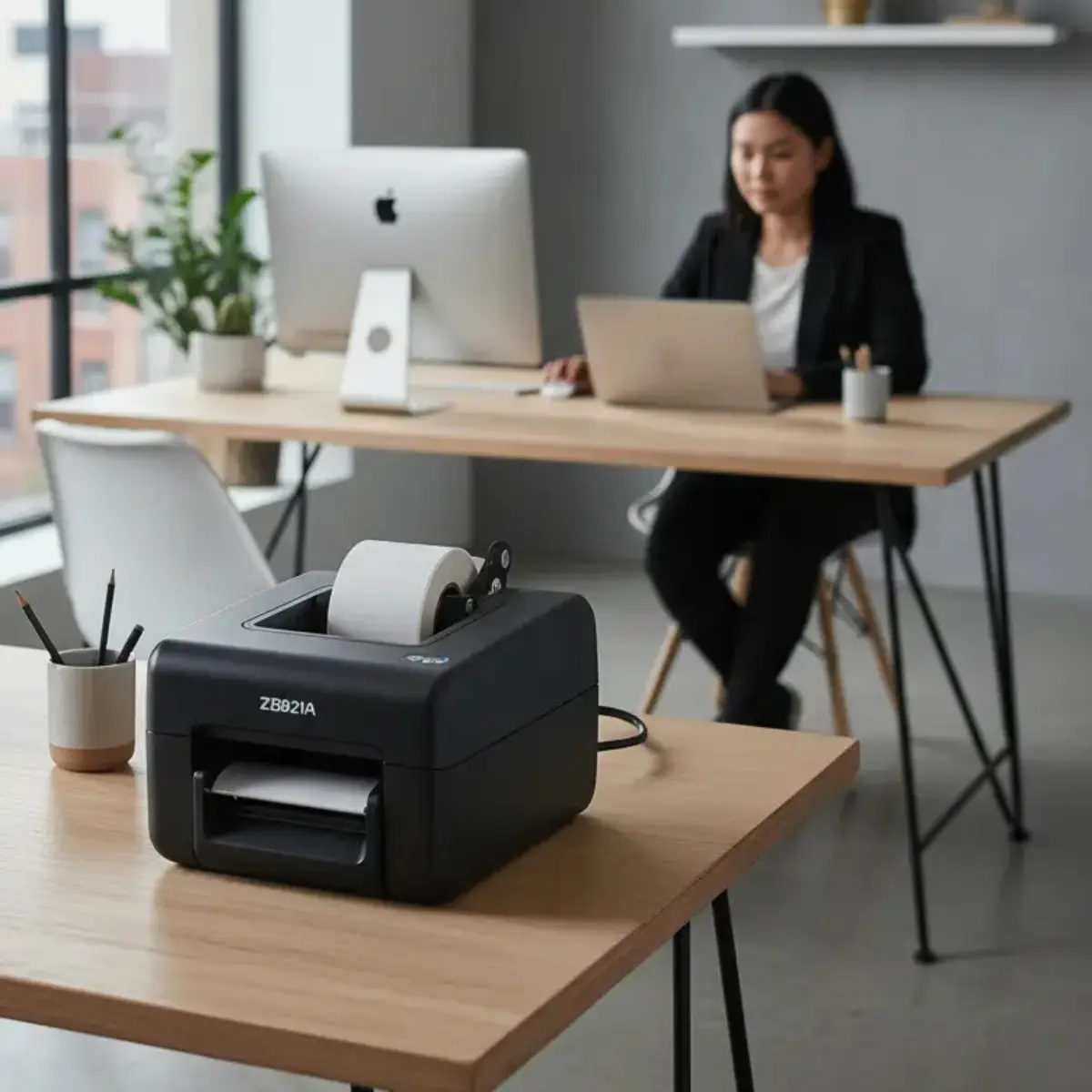 Biurowa drukarka etykiet marki Zebra na stole